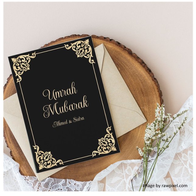 Cartão de Saudação Umrah Mubarak, Dourado Negro (Criador carregado)