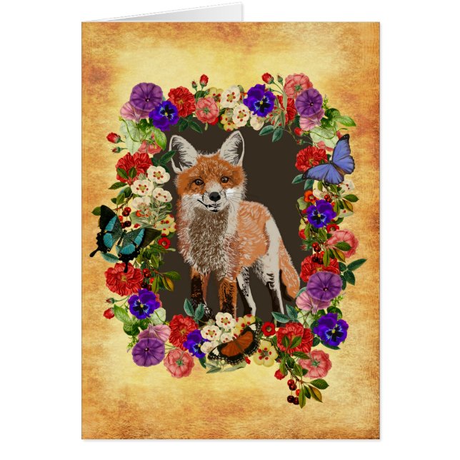 Cartão de Saudação Vitoriano Floral Fox e Borbolet (Frente)