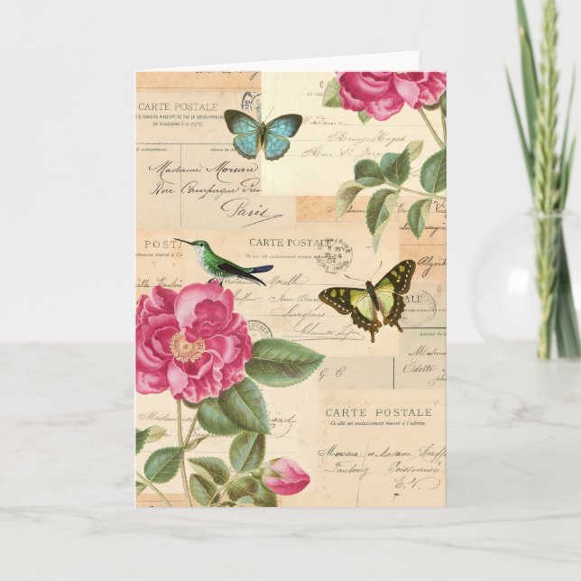 Cartão de saudação vítreo com rosas e borboletas (Frente)