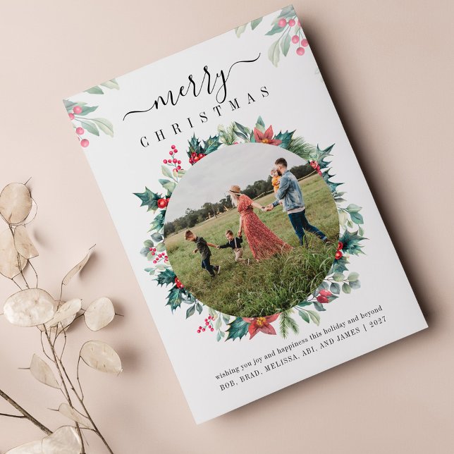 Cartão de Saudações de Foto da Família Feliz Natal (Christmas Holidays Family Photo Botanical Greetings Card)