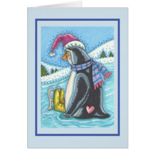 CARTÃO DE SAUDAÇÕES DE PENGUIM COM FUNDO FRIO E CO