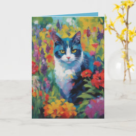 Cartão de Saudações Gato entre Flores