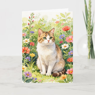 Cartão de Saudações Gato entre Flores Silvestres