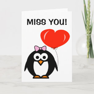 Cartão de saudade pinguim com balão vermelho
