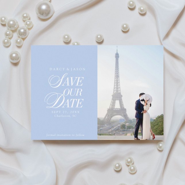 Cartão de Save the Date Azul Pastel Clássico e Ele (Criador carregado)