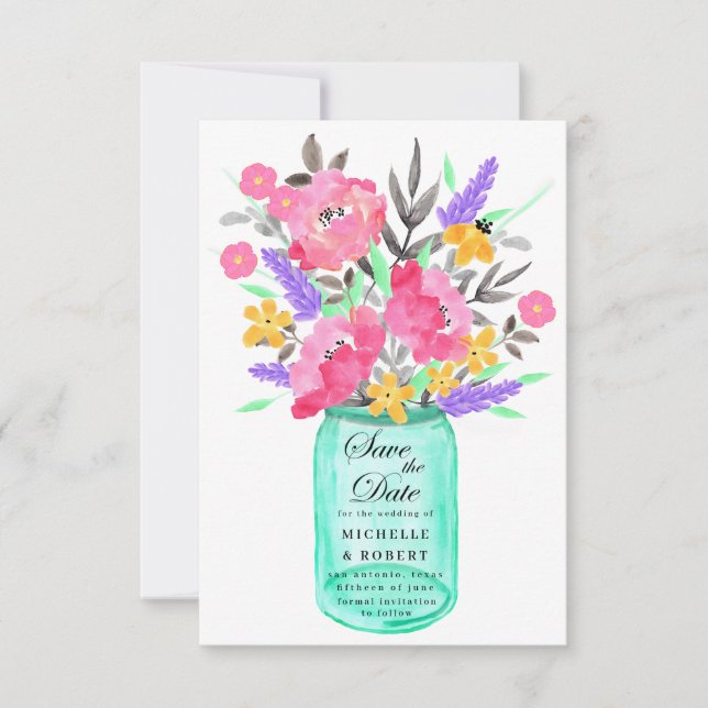 Cartão de Save the Date com Buquê Floral em Pote d (Frente)