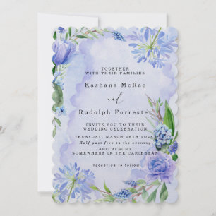 Cartão de Save The Date com flores roxas e azuis e