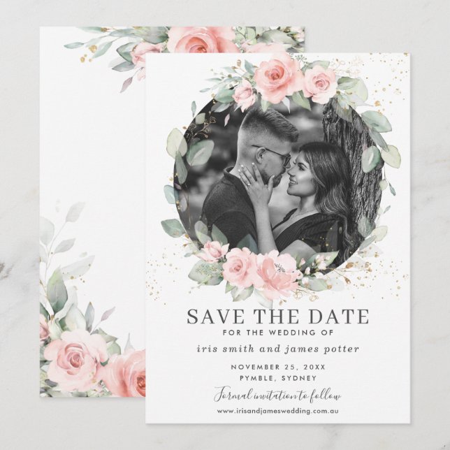 Cartão de Save the Date com Foto de Floral Rosa Bl (Frente/Verso)