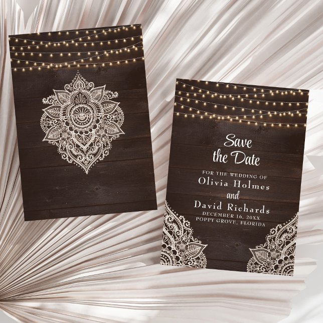 Cartão de Save the Date com Luzes de Corda Marrom  (Rustic Brown String Light Save the Date Card on a sunny white dry palm leaf.)