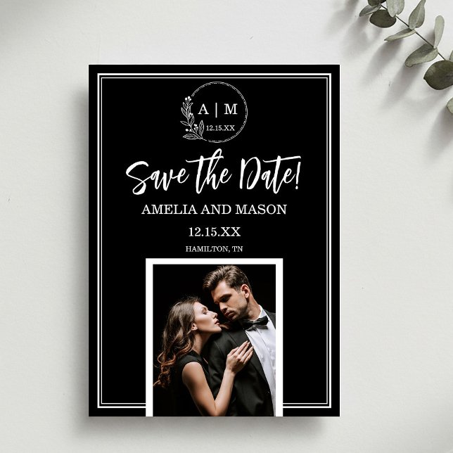 Cartão de 'Save the Date' com Monograma Minimalist (Simple Photo Minimal Monogram Save the Date Card)