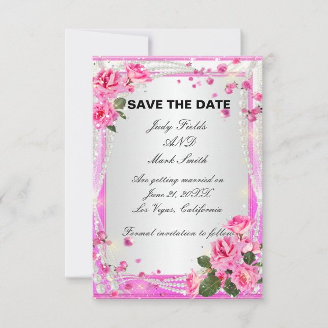 Cartão de Save the Date com Rosas Rosa e Pérolas (Frente)
