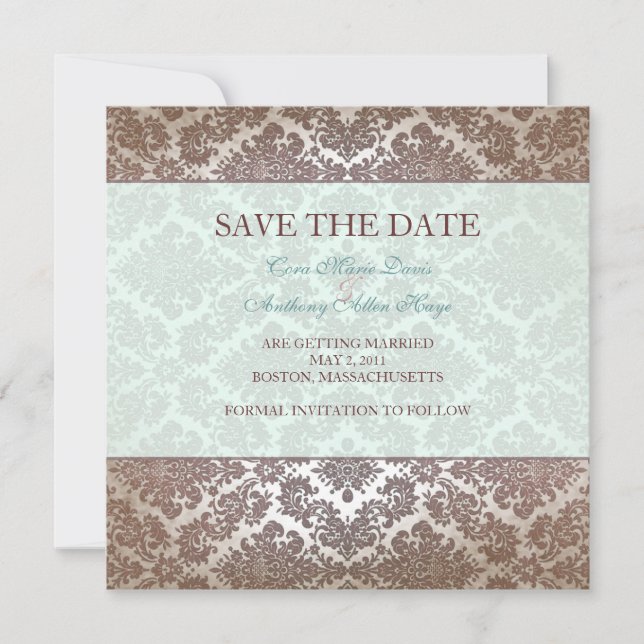 Cartão de save the date damasco marrom chocolate (Frente)