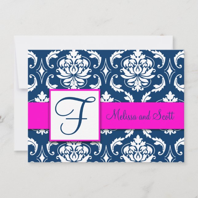 Cartão de Save the Date Damask Azul Naval Fúcsia (Frente)