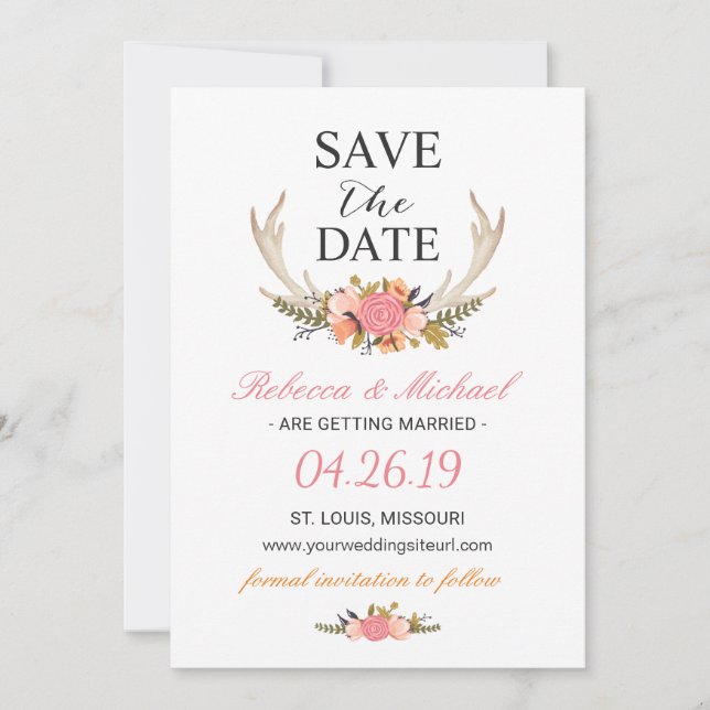 Cartão de Save the Date de Casamento Boho Floral c (Frente)