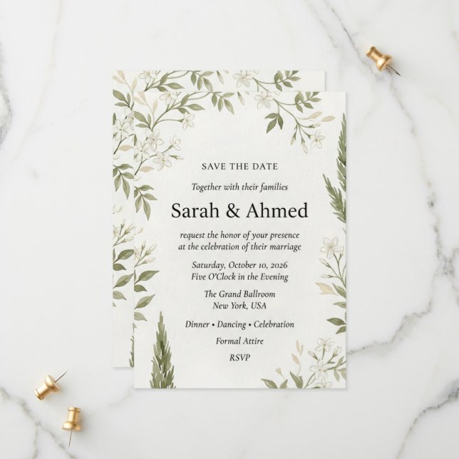 Cartão de Save the Date de Casamento Botânico Rúst (Frente/Verso In Situ)