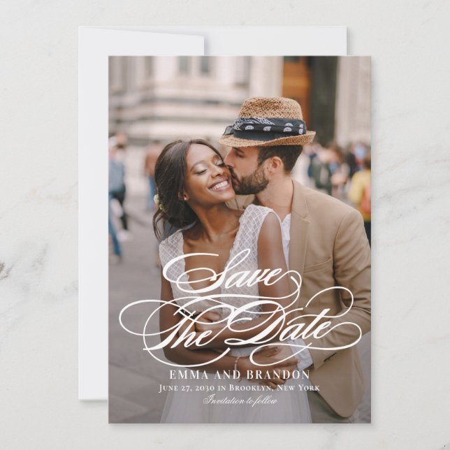 Cartão de Save The Date de casamento com roteiro p (Frente)