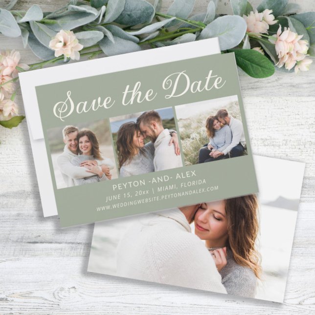 Cartão de Save the Date de casamento em verde ment (Sage green 4-photo wedding Save the Date card)
