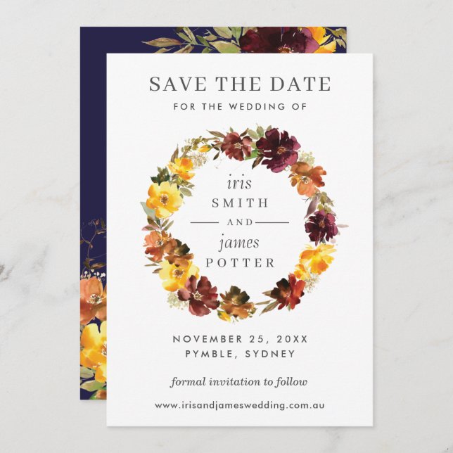 Cartão de Save the Date de Casamento Floral Amarel (Frente/Verso)