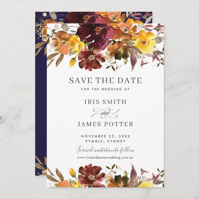 Cartão de Save the Date de Casamento Floral Amarel (Frente/Verso)