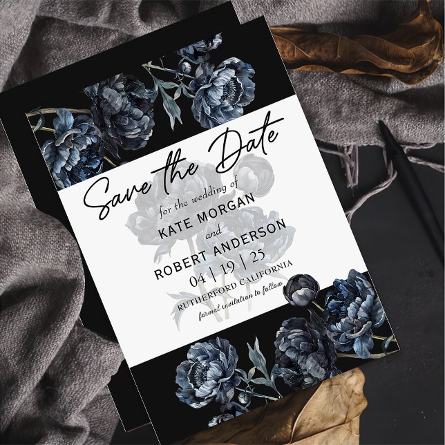 Cartão de Save the Date de casamento floral azul e (Criador carregado)