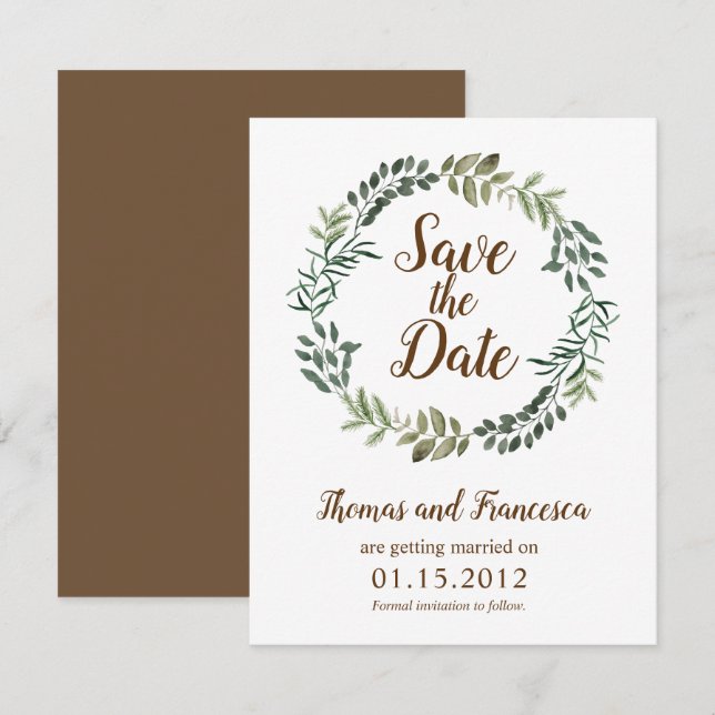 Cartão de Save the Date de Casamento Folhas Rústic (Frente/Verso)