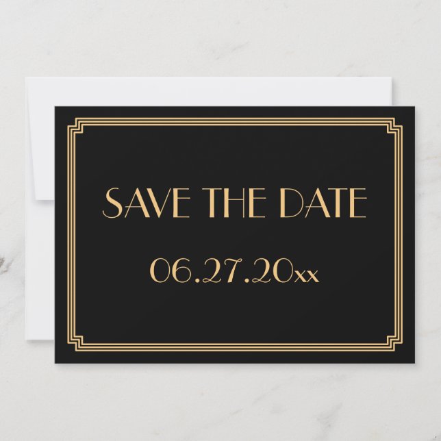 Cartão de Save the Date de casamento preto Art Dec (Frente)