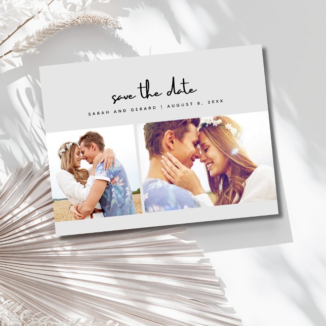 Cartão de Save the Date de Casamento Simples Cinza (Simple Gray Two Photo Wedding Save the Date Postcard)