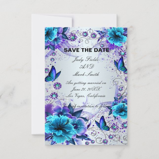 Cartão de Save The Date de Floral Azul e Borboleta (Frente)