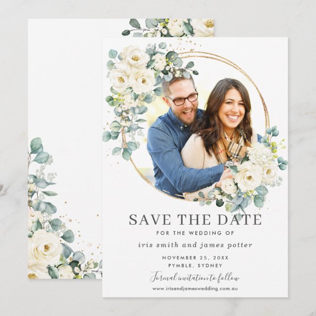 Cartão de Save the Date de Floral de Marfim com Eu (Frente/Verso)