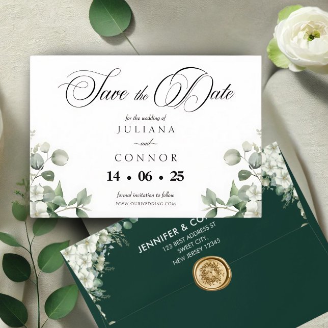 Cartão de Save the Date de Folhagem Esmeralda Mode (Criador carregado)
