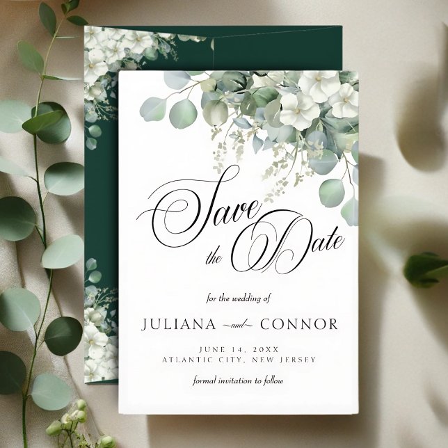 Cartão de Save The Date de Folhagem Verde Esmerald (Criador carregado)