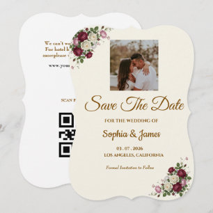 Cartão de Save the Date de foto com floral burgund