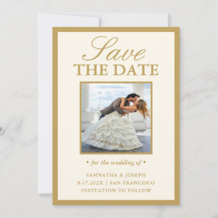 Cartão de Save the Date de Foto Marfim Vintage Ele
