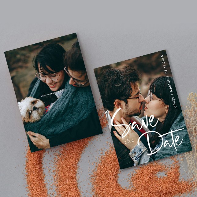 Cartão de Save the Date de Foto Moderna  Rótulo Mi (Two Photos, One Love_ Modern Chic Wedding Save The Date Custom)