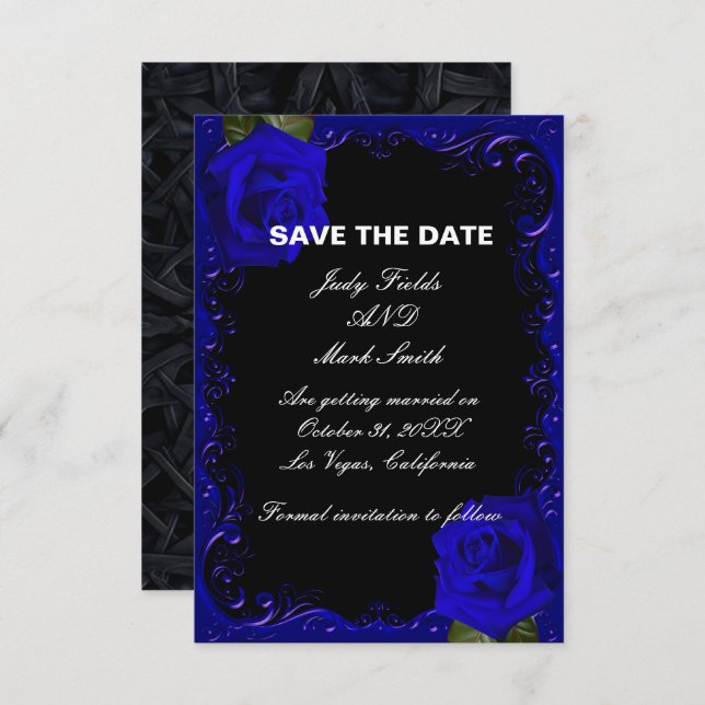 Cartão de Save The Date de Rosas Azuis Goth Elegan (Frente/Verso)