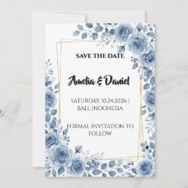 Cartão de Save the Date Floral Azul Empoeirado