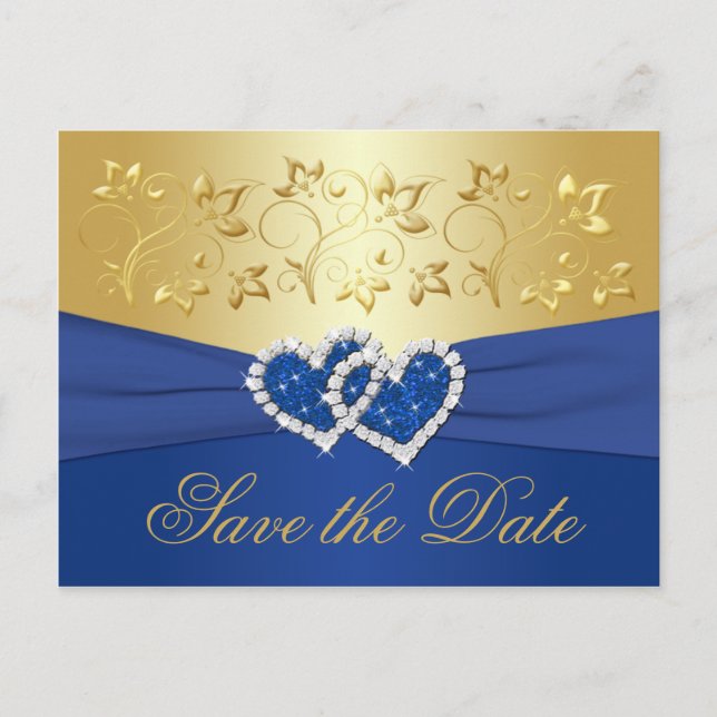 Cartão de Save the Date Floral Azul Real e Dourado (Frente)