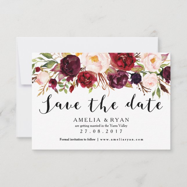 Cartão de Save the Date Floral Borgonha Marsala (Frente)
