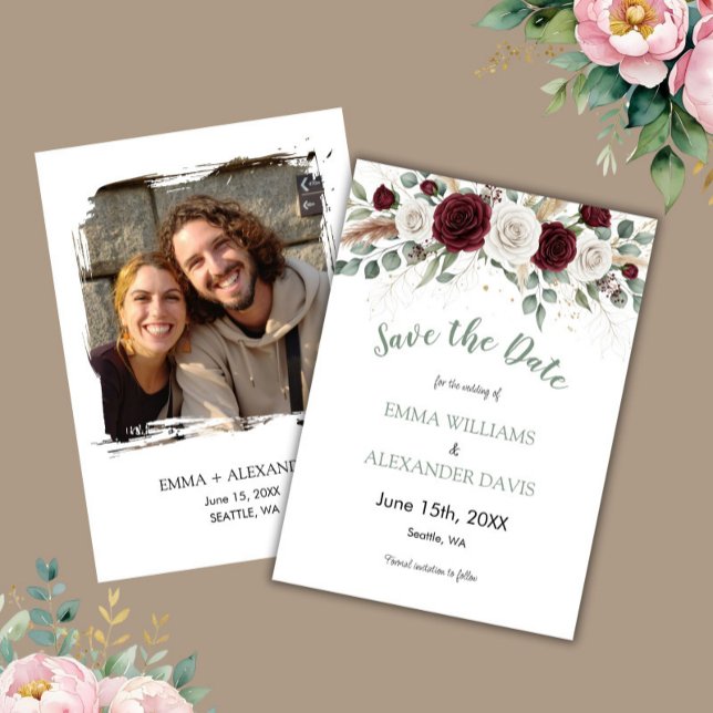 Cartão de Save the Date Floral com Bege Verde Salv (Sage Green Blush Floral Photo Save the Date Card)