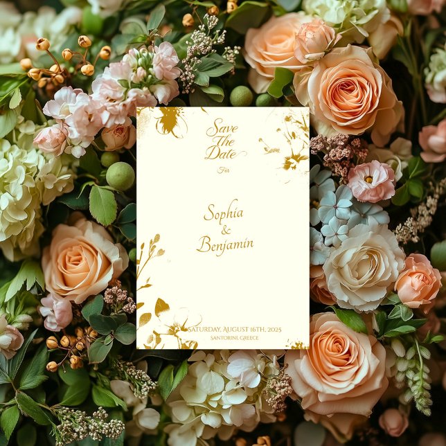 Cartão de Save the Date Floral de Marfim e Dourado (Criador carregado)