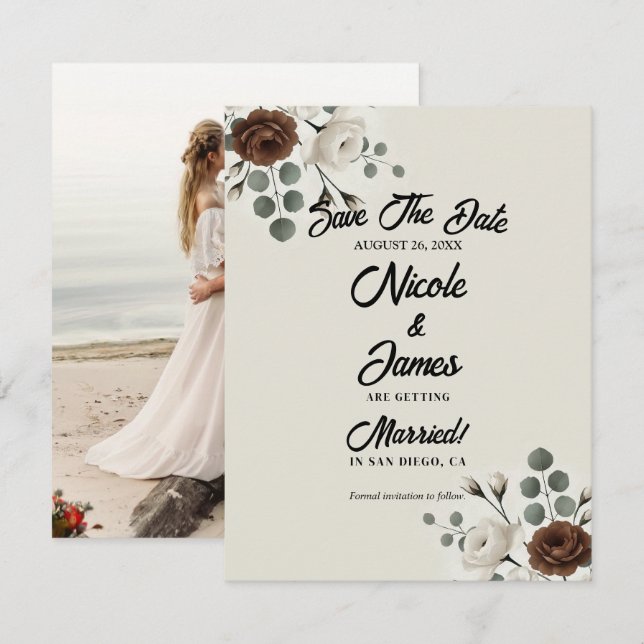 Cartão de Save the Date Floral Moderno Creme Mocha (Frente/Verso)