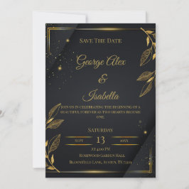 Cartão de "Save the Date" Floral Preto e Dourado E