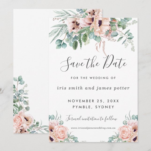 Cartão de Save the Date Floral Rosa Blush Chic (Frente/Verso)