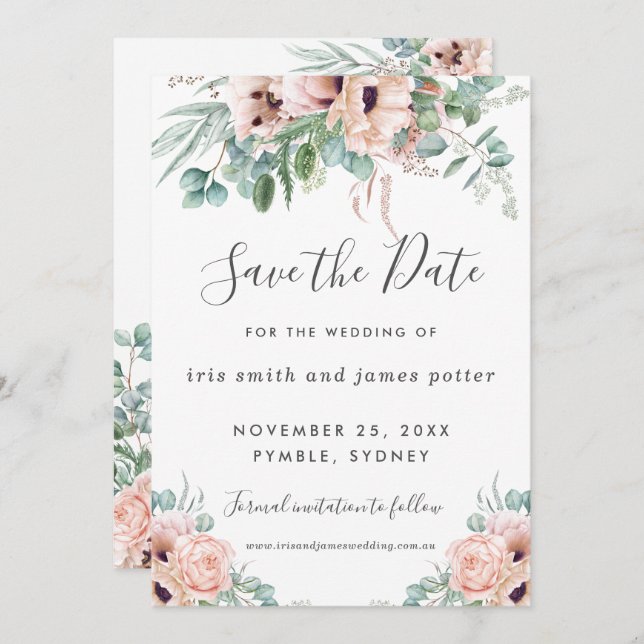 Cartão de Save the Date Floral Rosa Chic Bege (Frente/Verso)