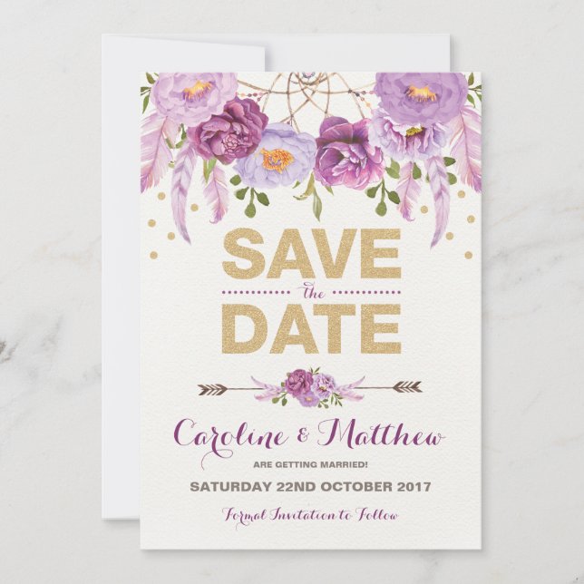 Cartão de Save the Date Floral Roxo Dourado Boho R (Frente)