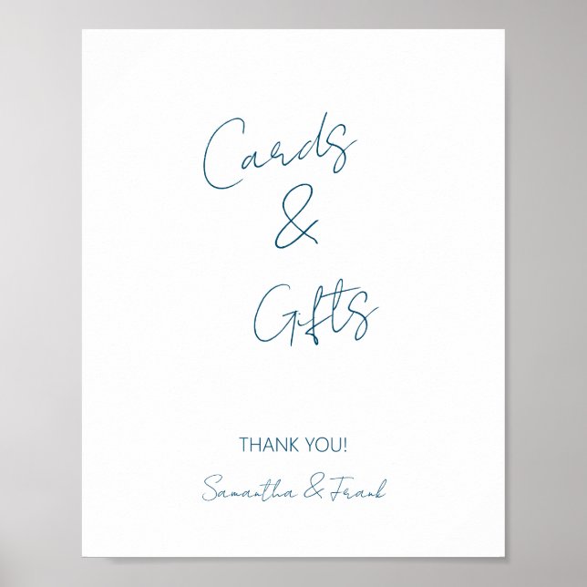 Cartão de Script Azul Elegante e Poster de Present (Frente)