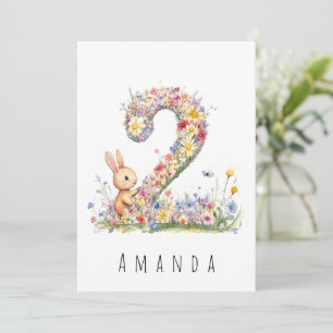 Cartão de Segundo Aniversário Floral Dois e Coelho