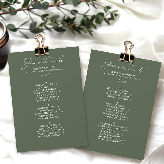 Cartão de Sentado Alfabético Elegante (Convenient and organized wedding seating chart with alphabetical name arrangement.)