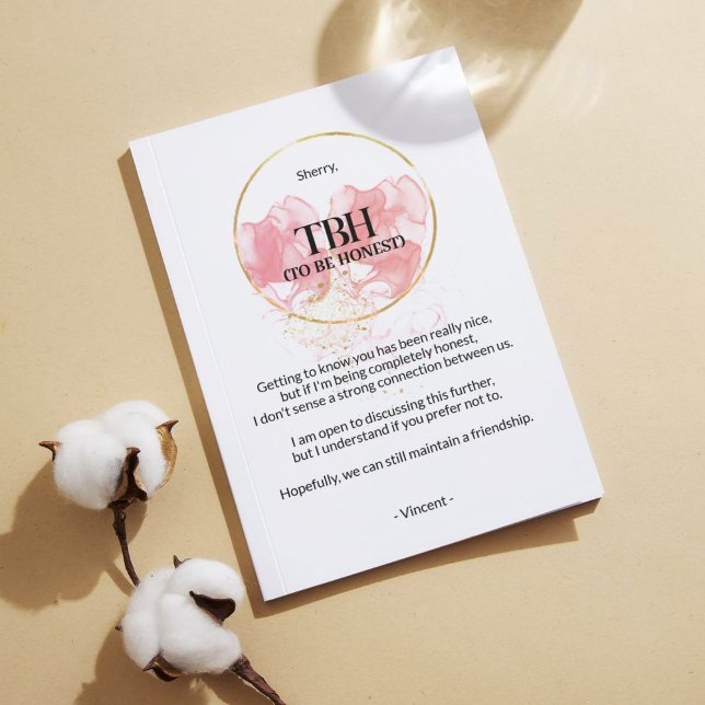 Cartão de separação rosa para ser honesto (TBH) (To Be Honest Breakup Card for those difficult conversations,)