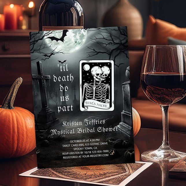 Cartão de Tarot de Chuva de Noiva Até que a Morte  (Til death do us part halloween mystical bridal shower invitation by Darling & May)